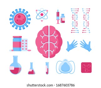 Set of vector illustration of assorted medical supplies arranged near DNA and brain during coronavirus vaccine development on white background