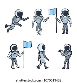  Set of vector illustration of astronaut. Planet exploration and achievement concept. Doodle cartoon outline space symbol. Collection of spaceman vector icons.  