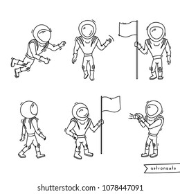  Set of vector illustration of astronaut. Planet exploration and achievement concept. Doodle cartoon outline space symbol. Collection of spaceman vector icons.  