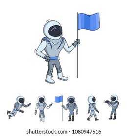  Set of vector illustration of astronaut. Planet exploration and achievement concept. Doodle cartoon outline space symbol. Collection of spaceman vector icons.  