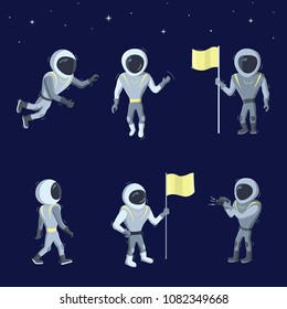  Set of vector illustration of astronaut. Planet exploration and achievement concept. Doodle cartoon outline space symbol. Collection of spaceman vector icons.  