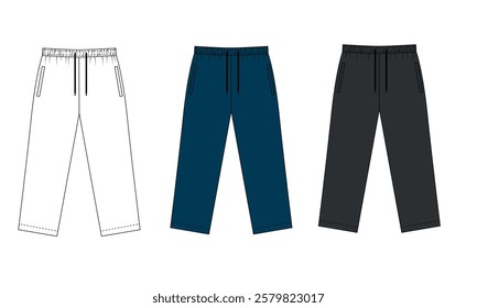 Set of vector illustration of athletic pants on elastic band, white, blue, black colors. Sketch of fashionable straight cut jogging pants. Template of sports pants on a drawstring