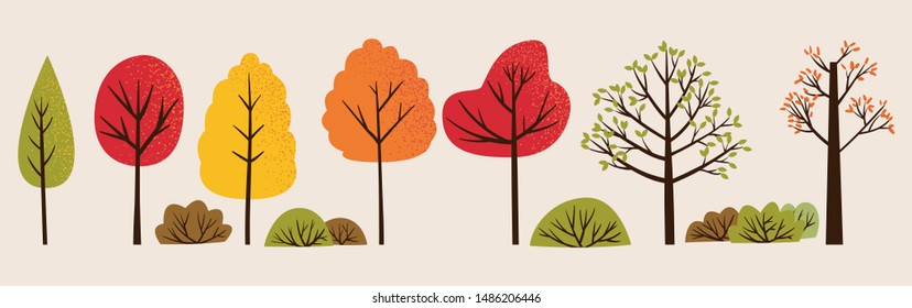 Set of vector illustration of autumn trees and bushes. Bundle of colorful trees with orange, green and red leaves.