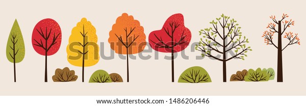 秋の木と茂みのベクターイラスト オレンジ 緑 赤の葉を持つカラフルな木の束 のベクター画像素材 ロイヤリティフリー