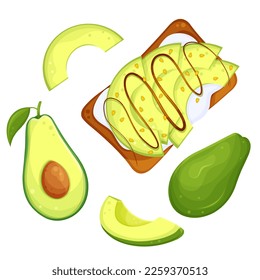 Set-Vektorgrafik von Avocado-Essen, gesundes Essen, gesundes Frühstück, Illustration für einen kulinarischen Blog 