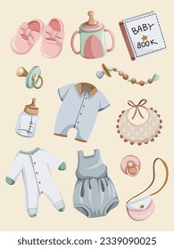 set of vector illustration of baby equipments and clothes