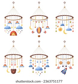 Set of vector illustration of baby mobile, carousel pendant. Rotating hanging accessory for baby cot. Hanging toy with stars, clouds, crescent, rainbow, drops, sun, bear, rocket, planets, butterflies.