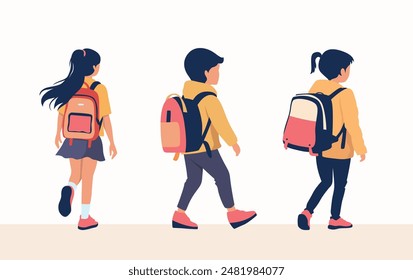 Set of vector illustration of back to school season. a child with a backpack walking to school isolating on white background