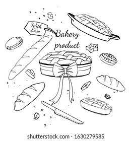 Set of vector illustration of a bakery products: bread, french baguette, snail bun and cookie cutter bread knife and the inscription "bakery product" . Hand drawn illustration cartoon flat line art ic