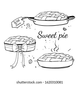 Set of vector illustration of a baking dishes with bow and a pie in it and the inscription "Sweet pie". Hand drawn illustration cartoon flat line art icon isolated on white background.