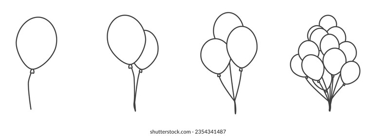 Set of vector illustration of balloons icons, use black color with line design style, Balloon outline icons. Different shapes of ballons for birthday, party icon.