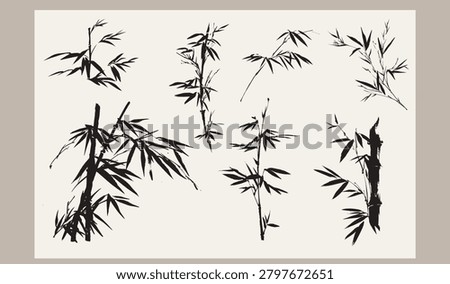 set of vector illustration of bamboo leaves branch card design with Chinese painting in traditional style.	
