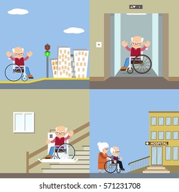Set of vector illustration for barrier free environment for physically challenged people - a senior man in a wheelchair with ramps, using the elevator and automatic lifting device. Flat design.