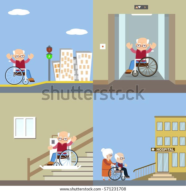 身体障害者用のバリアフリー環境のベクターイラスト エレベーターと自動昇降装置を使用した スロープと車椅子の年配男性 フラットデザイン のベクター画像素材 ロイヤリティフリー