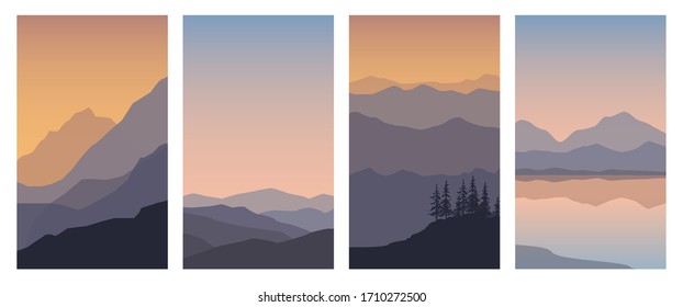 Set vector illustration of a beautiful mountain landscape at different times of the day, flat design.