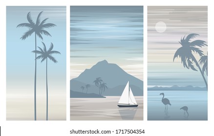 Set vector illustration of a beautiful seascape with a sailboat,palm trees and flamingos.