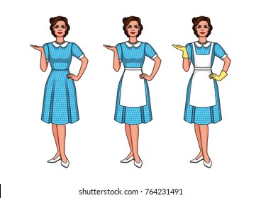 Set of vector illustration of a beautiful woman standing front. A pretty girl is pointing at something. A young woman in the style of 40-50's is dressed in an apron and gloves.