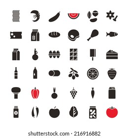 Set of vector illustration black icons for food and drinks, vegetables, fruits, seafood, isolated on white background. For retail store, grocery, food production, farm business 