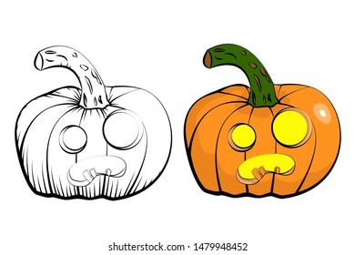 Set of vector illustration of black and white and colored Halloween pumpkin lanterns. Sketch, engraving and popart style.
