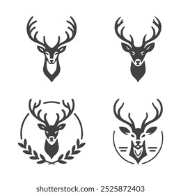 A set of vector illustration of an black and white image of a deer head and antlers logo icon