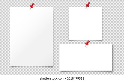 Set of vector illustration of a blank album sheet of paper attached to a red pushpin. Isolated paper format A4 for notes, for records.