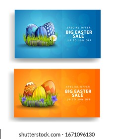 set of vector illustration of blue and orange eggs in grass near stones with daisies. Easter discount banner up to 50 percent sale on blue background with highlights