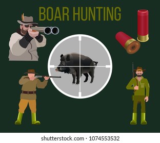 Set of vector illustration for boar hunting - hunters, rifle, boar and hunting cartridges.