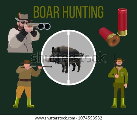 Set of vector illustration for boar hunting - hunters, rifle, boar and hunting cartridges.