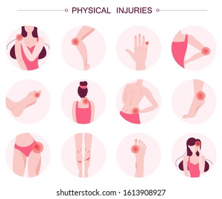 Set of vector illustration of body injury. Isolated cartoon style collection with different kinds of ache in the human body. Human having a painful damage, trauma.