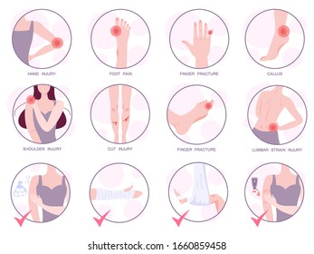 Set of vector illustration of body injury. Collection with different kinds of ache in the human body. Human having a painful damage, trauma. Injury treatments concept.