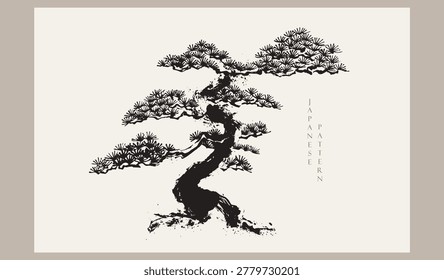 set of vector illustration of bonsai tree leaves branch card design with Ink wash painting in traditional style