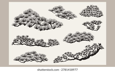 set of vector illustration of bonsai tree leaves branch card design with Ink wash painting in traditional style.