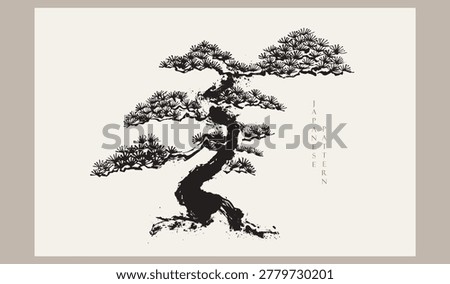 set of vector illustration of bonsai tree leaves branch card design with Ink wash painting in traditional style