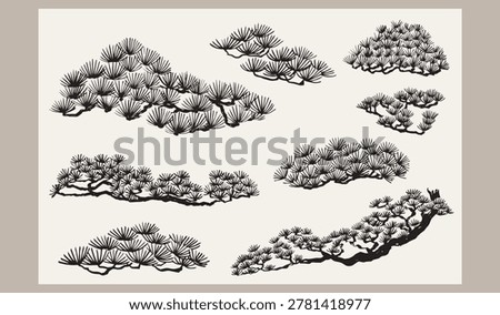set of vector illustration of bonsai tree leaves branch card design with Ink wash painting in traditional style.