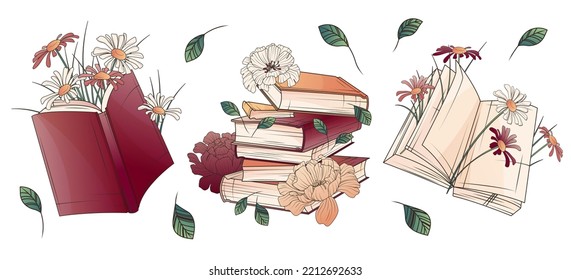 Set of vector illustration of books with flowers. Daisy flower. Stack of books, open book. Hand-drawn illustration for decoration of bookstore, library, card design, poster, banner.