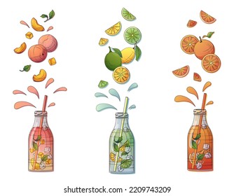 Set of vector illustration of bottle of juices: orange, peach, lemon and lime. Glass bottle with cocktail and fruits. Compositions for banner, menu design, cafe.