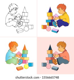 Set of vector illustration with boy playing a toy blocks, stock Images