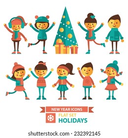 Set of vector illustration with boys and girls dancing and celebrating the new year. Christmas tree, gifts, dancing girls and boys in winter clothes. Flat style.