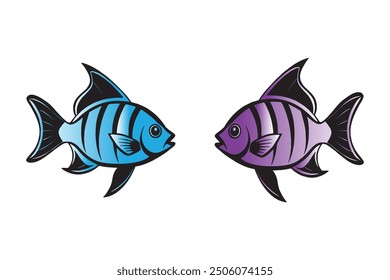 set, Vektorgrafik von hellen Farben Fisch mit süßen Augen einzeln auf weißem Hintergrund