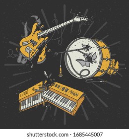 Set of vector illustration of a broken musical instruments, such as electric guitar drum and keyboard synthesizer