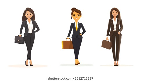 Set of vector illustration of businesswoman holding a briefcase on white background