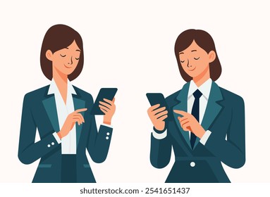 Conjunto de Ilustración vectorial de una mujer de negocios con un teléfono inteligente sobre fondo blanco