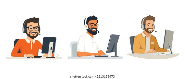 Conjunto de Ilustración vectorial de Call Center Agent con portátil sobre fondo blanco