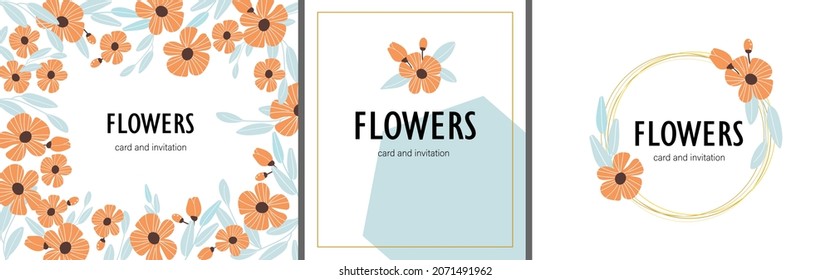 Set of vector illustration card cute orange flowers and leaf for design, sticker, print, invitation