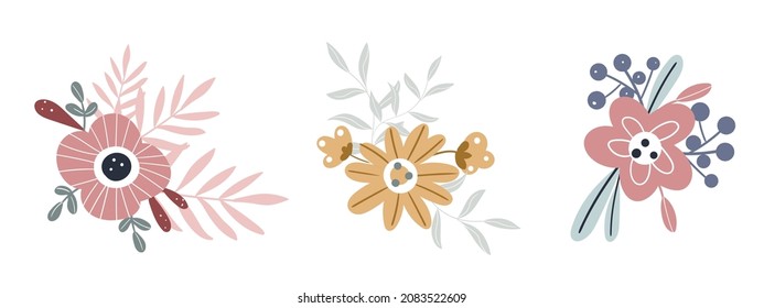 Set of vector illustration card herb elements. Collection bouquet flowers, leaves, twigs ​for design, sticker, print, invitation, postcard