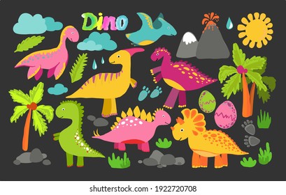 Conjunto de ilustraciones vectoriales con dinosaurios de dibujos animados, montañas, palmas y trópicos. Dinosaurios para imprimir sobre pegatinas en un fondo oscuro.