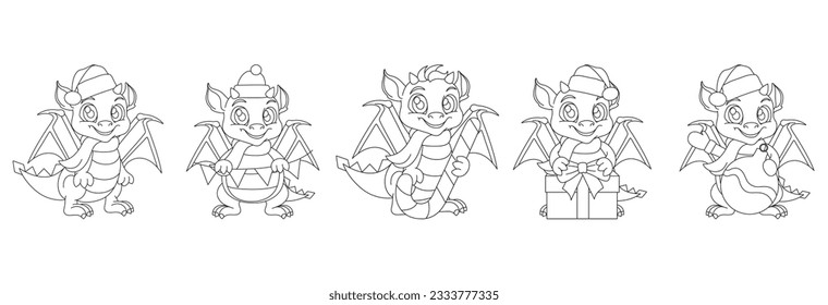 set vector illustration cartoon dragon in Santa Claus hat, symbol of 2024, New Years character, childrens coloring book, doodle and sketch