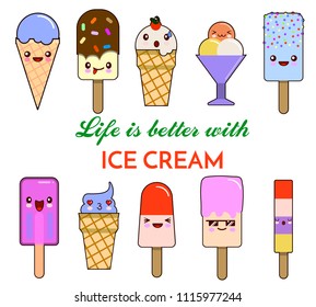 Set of Vector illustration of cartoon funny ice creams with happy smiling faces for kids designs and decorations, isolated on white