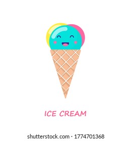 Set of Vector illustration of cartoon funny ice creams with happy smiling faces for kids designs and decorations, isolated on white