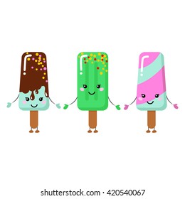 Set of Vector illustration of cartoon funny ice creams with happy smiling faces for kids designs and decorations, isolated on white